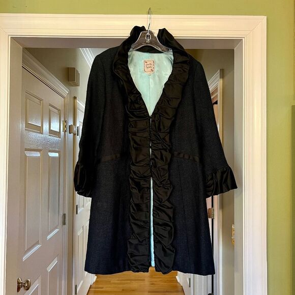 NWOT Nanette Lepore Vivaldi‎ Linen Coat w/ Satin Ruffle in Black Size 8 - Picture 2 of 8
